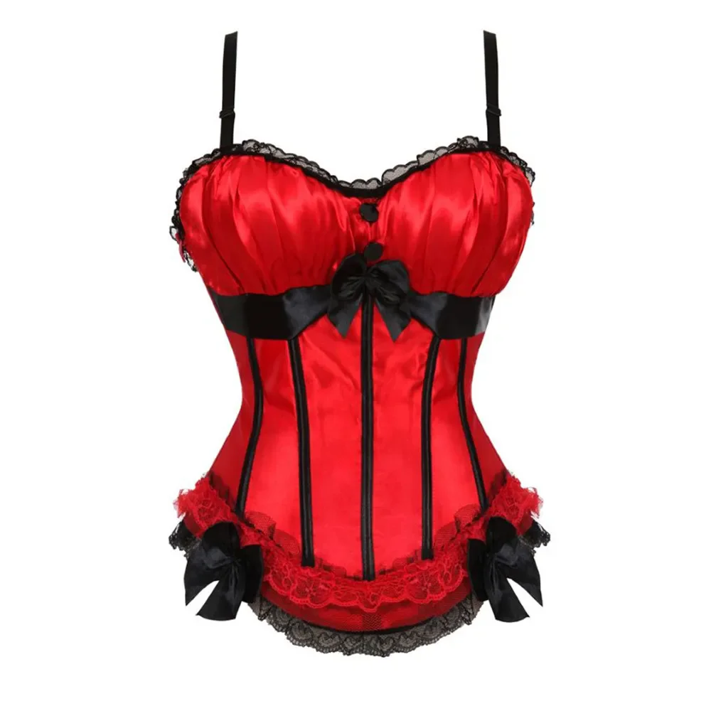 Victorian Red Satin Overbust Corset with Layered Tulle Skirt Women Gothic Burlesque Bustier Dress Halloween Show Girl Rave Costu