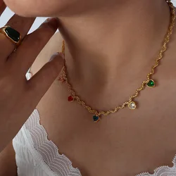 Twisted Stainless Steel Chain Necklaces For Women 18k Gold Plated Waterproof Non Tarnish Women's Zircon Heart Charms Necklace