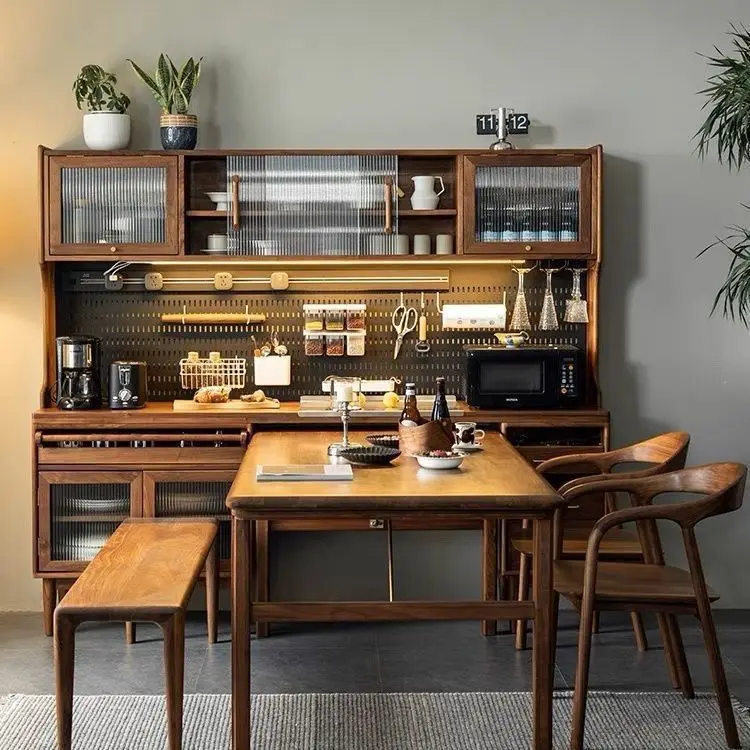 Solid wood dining side cabinet hole board dining table retractable integrated wall kitchen cabinet