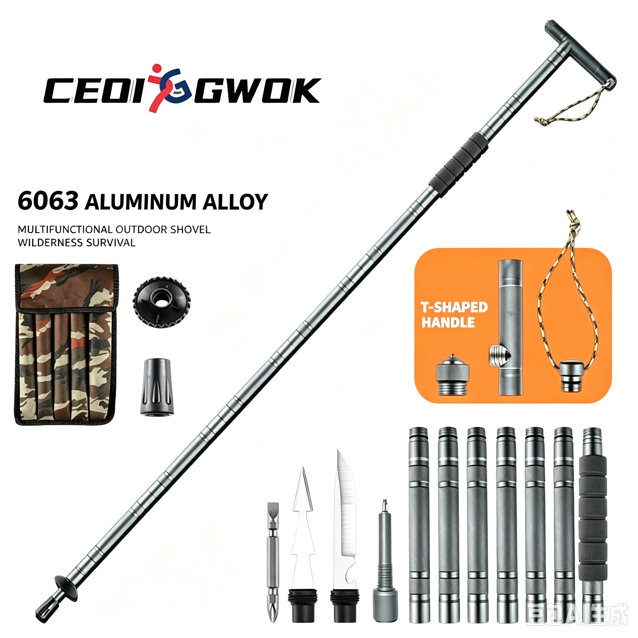 Folding Trekking Pole, Heavy Duty Aluminum Alloy, T-Handle Non-Slip, Multi-Function Outdoor Hiking & Walking Stick for Camping