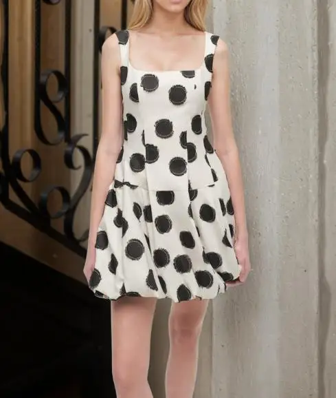 

Summer New Design Style Elegant White Camisole Dress Fashionable Retro Style Polka Dot Printed Square Neck Vest Dress