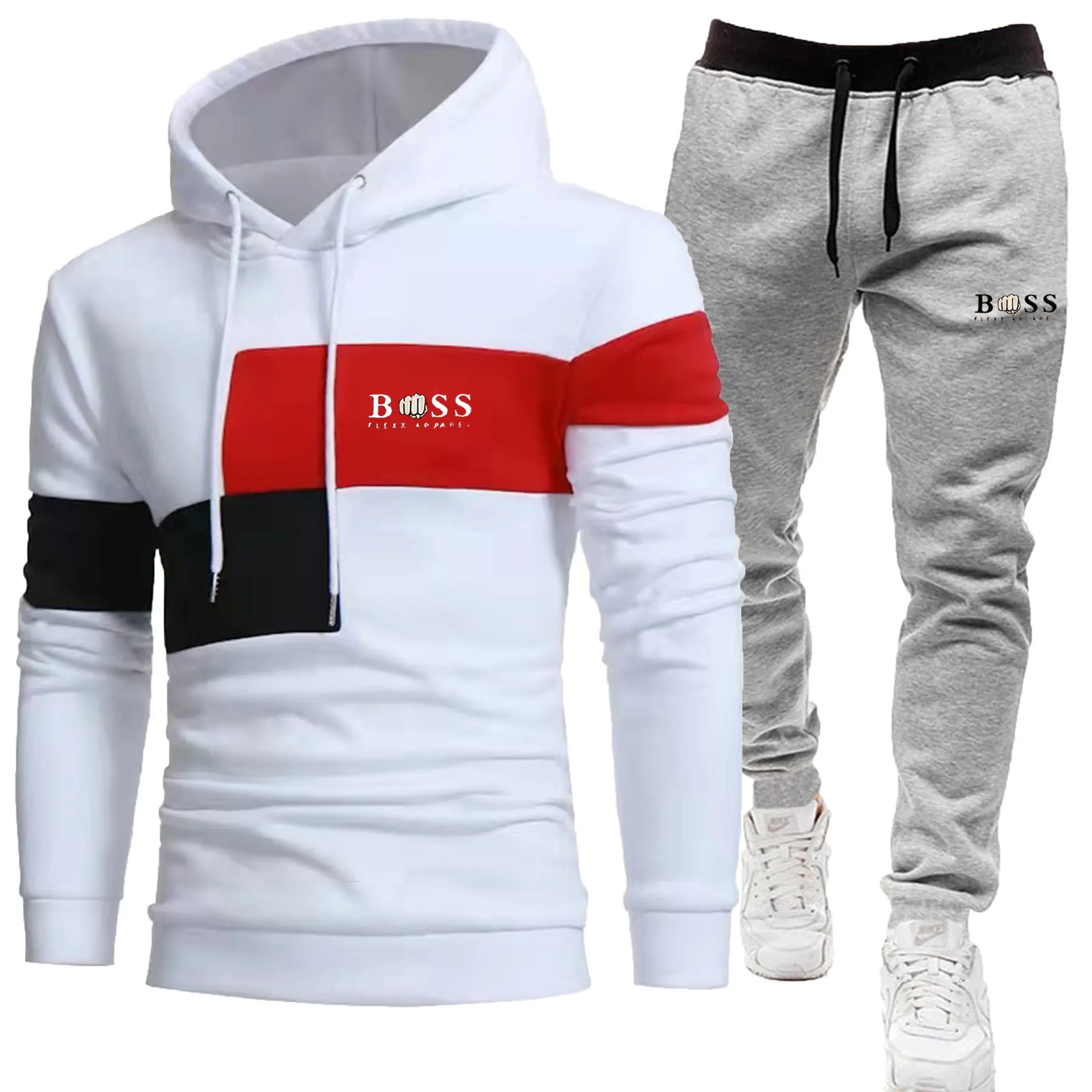 2024 Autumn/Winter New Men\'s plush patchwork hoodie set, three piece casual sports printed hoodie two-piece set