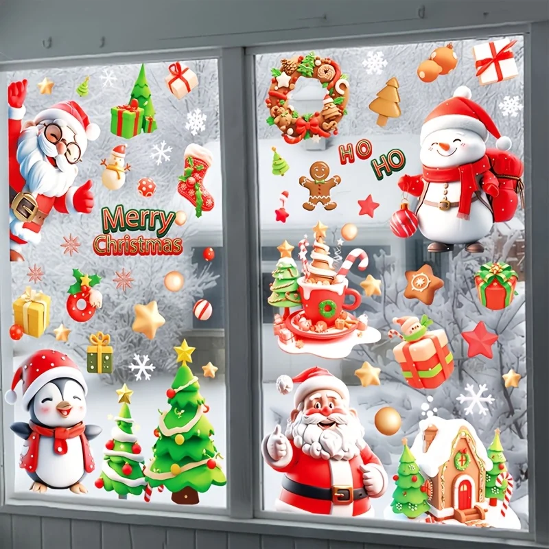 9 Sheets/72pcs Christmas Static Window Stickers,Merry Xmas Santa Snowman Penguin Pattern Static Clings,Reusable Glass Door Decor
