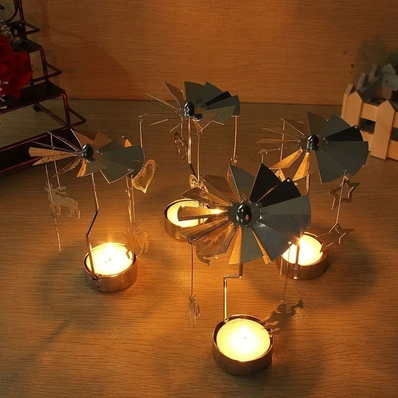 2026 Christmas Decorations Spinning Rotary Metal Carousel Tea Light Candle Holder Stand Light Xmas Gift Candelabra