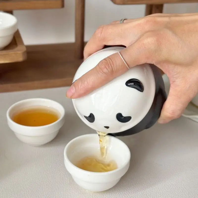 Panda One Pot Three Cup Set China Travel Tea Set Portable Camping Brew Kit with Cute Exquisite Durable Birthday with Gift Box
