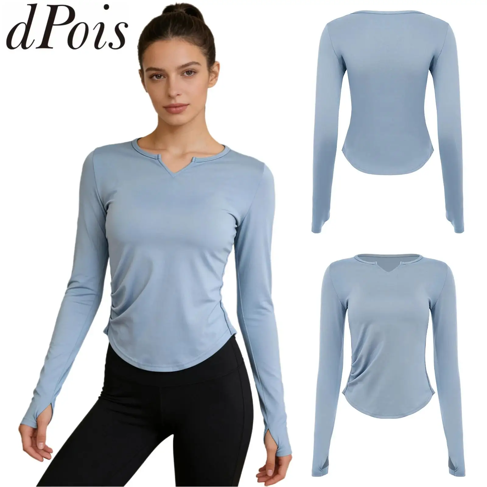Women Curved Hem Ruched Yoga Tee Shirts Tops V-Neck Long Sleeves Thumbholes T-shirt for Pilates Sports Workout Cycling Running