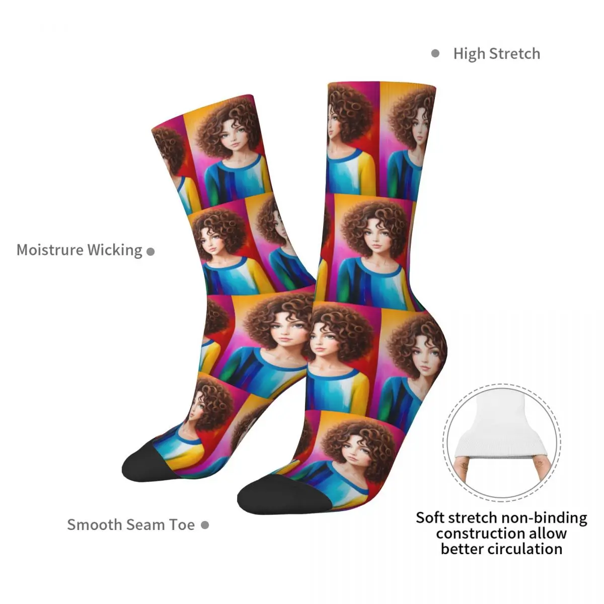 Curly Brunette Beautiful Woman Portrait Socks Harajuku Stockings All Season Long Socks Accessories for Unisex Christmas Gifts