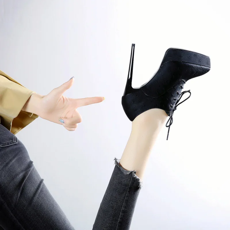 New Punk Women Ankle Boots Lace-Up Pointed Toe High Heel Black Chelsea Booties Pumps 12CM Stripper Shoes for Female