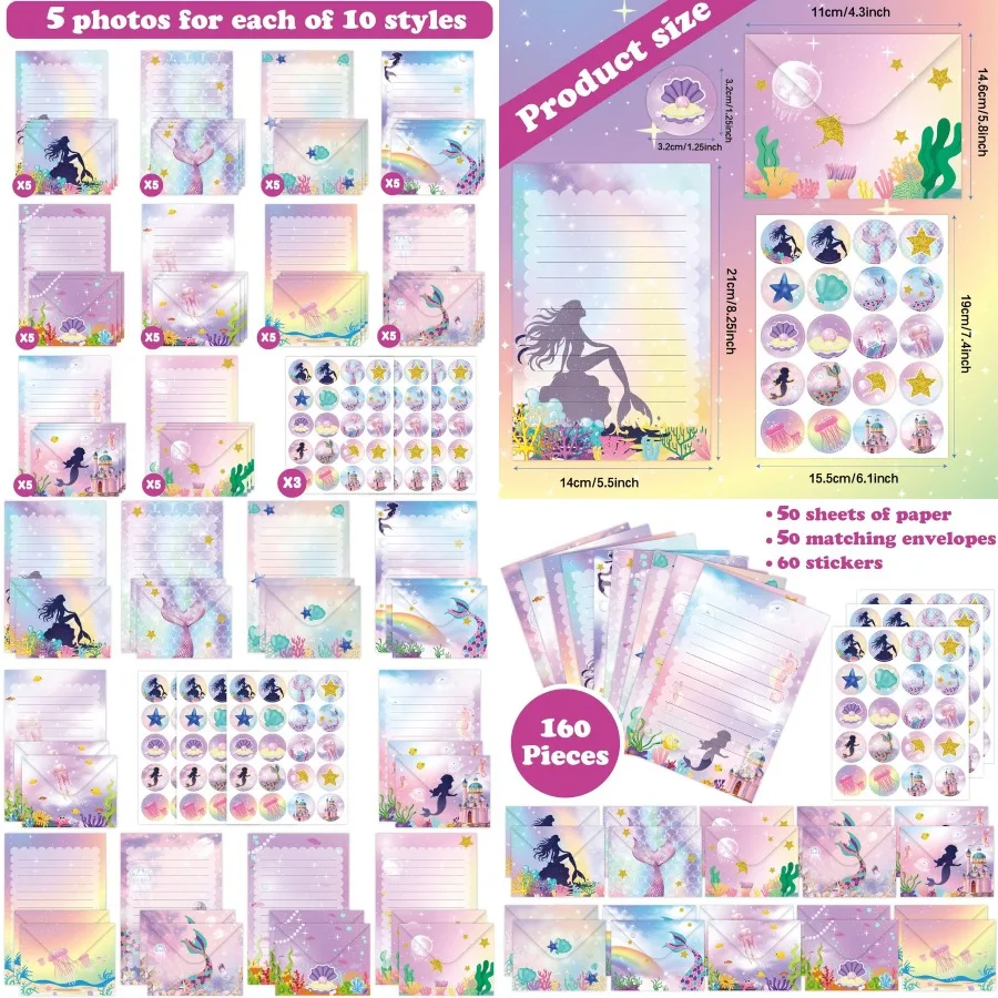 

Mermaid Stationery Set with Cute Ocean Envelopes Lined Paper Sealing Stickers 160 Pcs Under the Sea Fantasy Stationery Paper En
