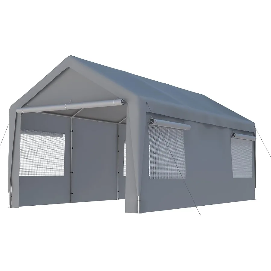 Portable Carport for Car Truck Boat with Transparent Roll-up Windows Removable Sidewalls Grey Polyethylene