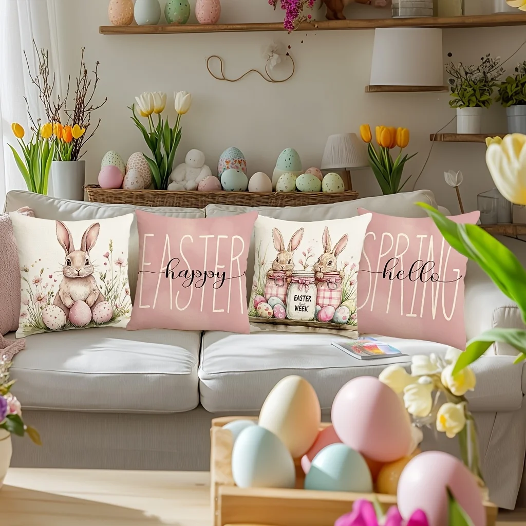 4 Packs Of Countryside Style Easter Spring Themed Pillowcases, Polyester, Machine Washable, Decorative Zipper Sofa Cushion