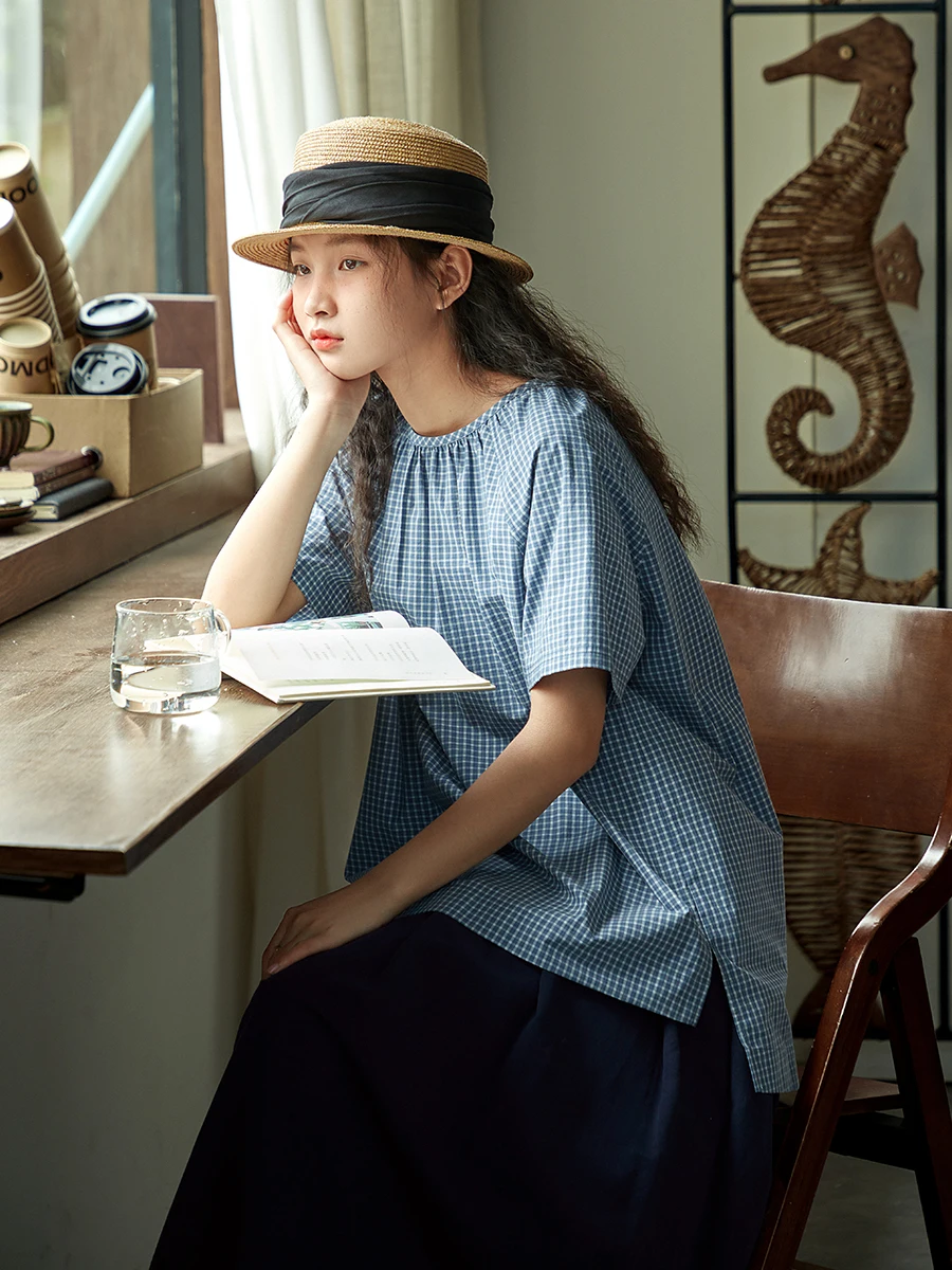 

Loose Fit Blue Short Sleeve Shirt Women's Summer Casual Thin round Neck Plaid Shirt Breathable Comfortable Cotton Blend