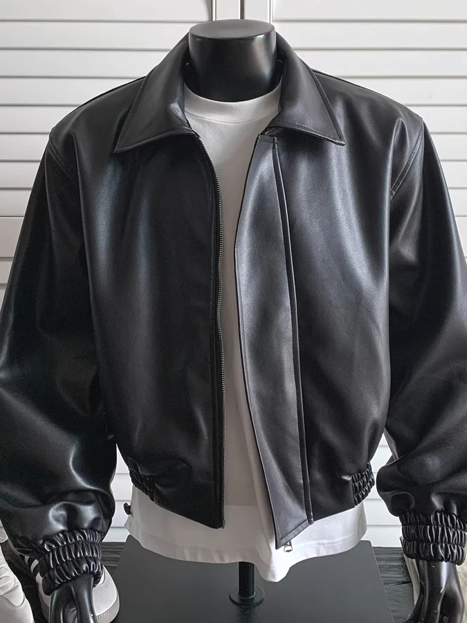 Loose Men's Pilot Jacket PU Leather Motorcycle Vest Short American Retro Workwear Casual Style Long Sleeve Zipper Closure