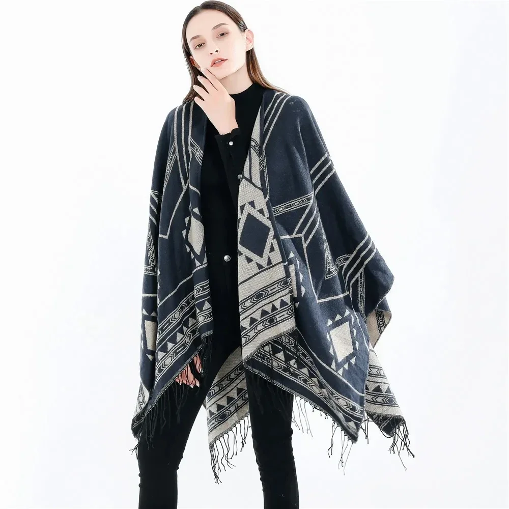 

New Indian Nepalese Style Geometric Tassel Split Women Shawl Warm Air Conditioning Room Lady Cloak Poncho Capes Navy