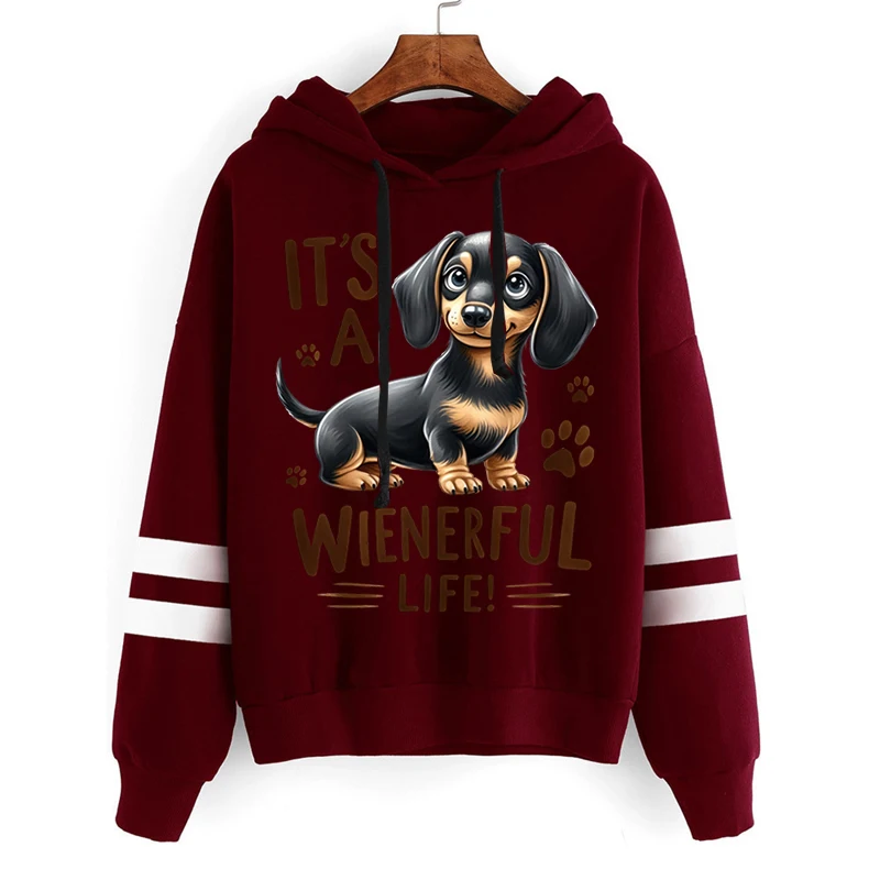 Womens Clothing Grey Vintage Street Sweatshirt Hoodie Dachshund Dog Print Long Sleeves Casual Warm Oversize Ladies Tops Autumn