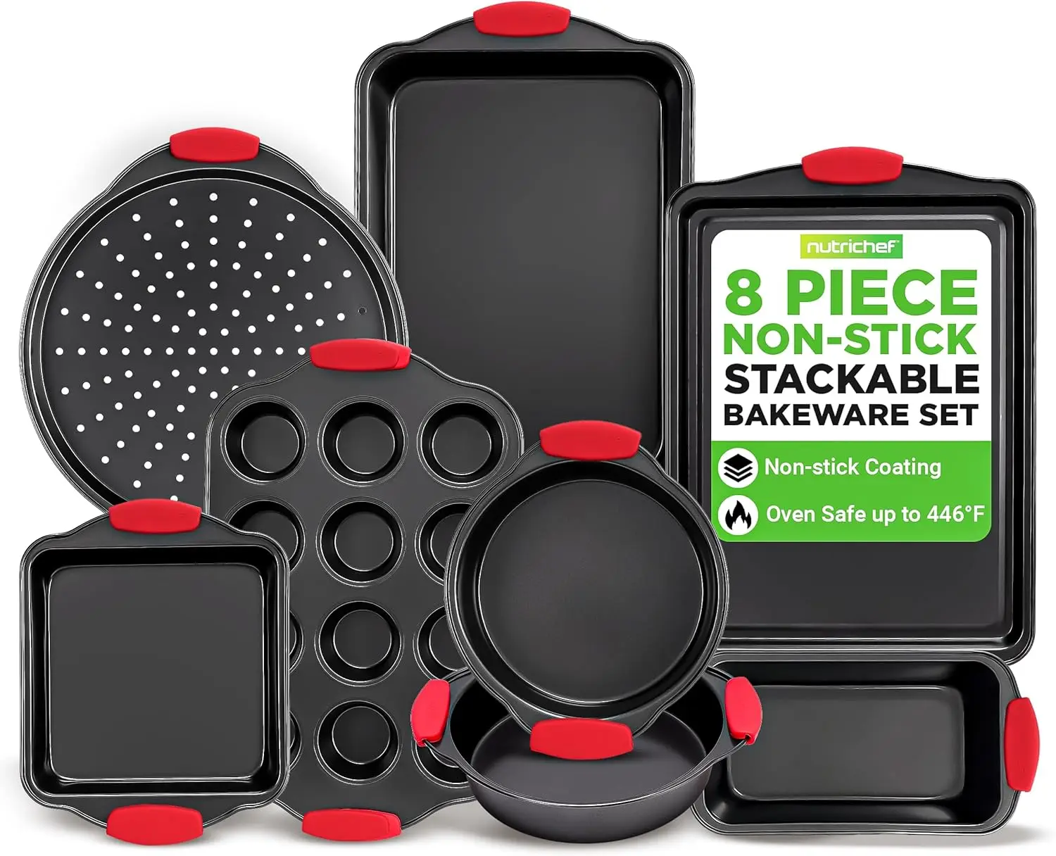 

Non-Stick Gray Coating Oven Baking Pans Set with Red Silicone Handles, 8-Piece Commercial Grade Bakeware