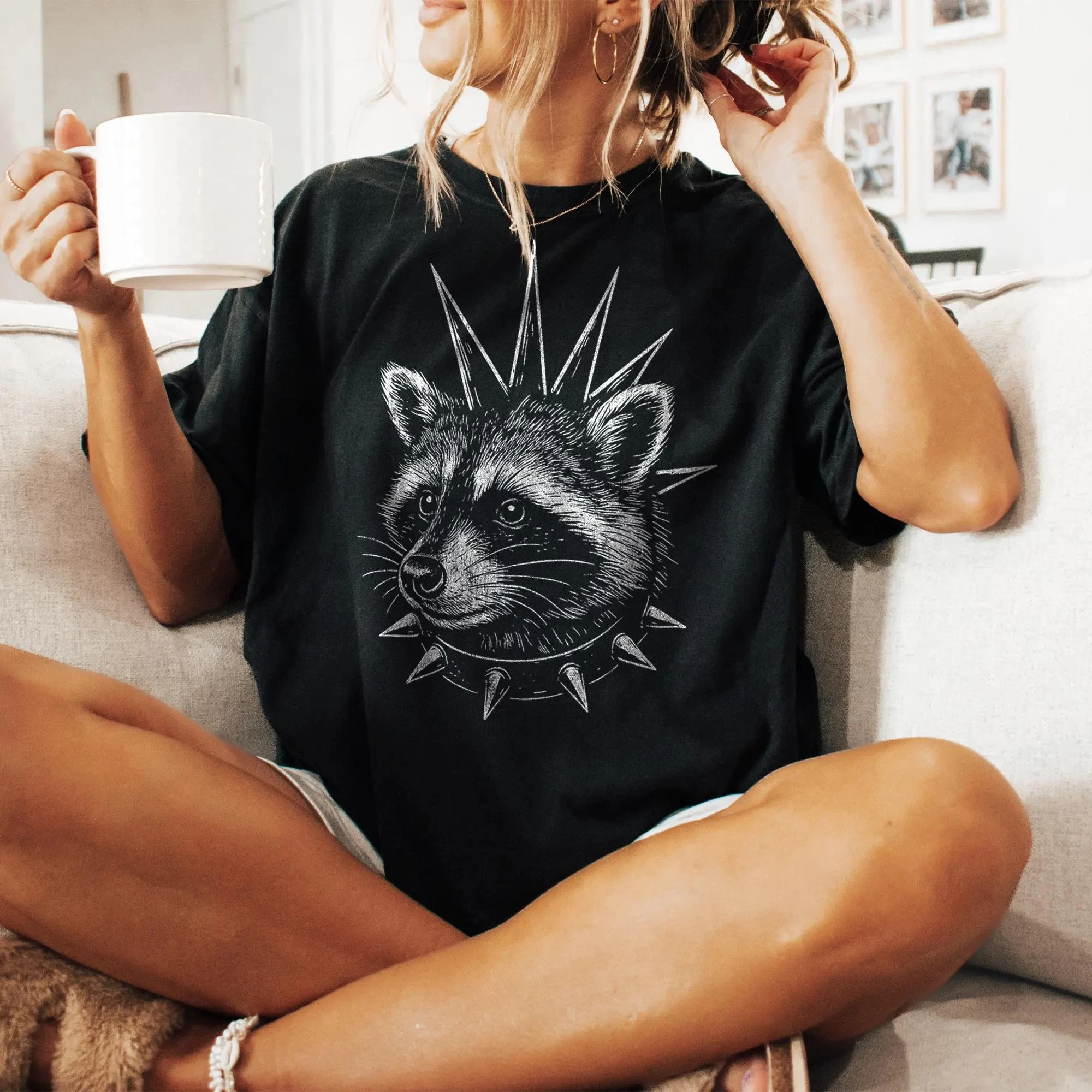 Punk Raccoon Vintage Graphic T-shirts Retro Raccoon Moon Tshirt Raccoon Lovers Funny Raccon Tee Meme Raccoon Gift