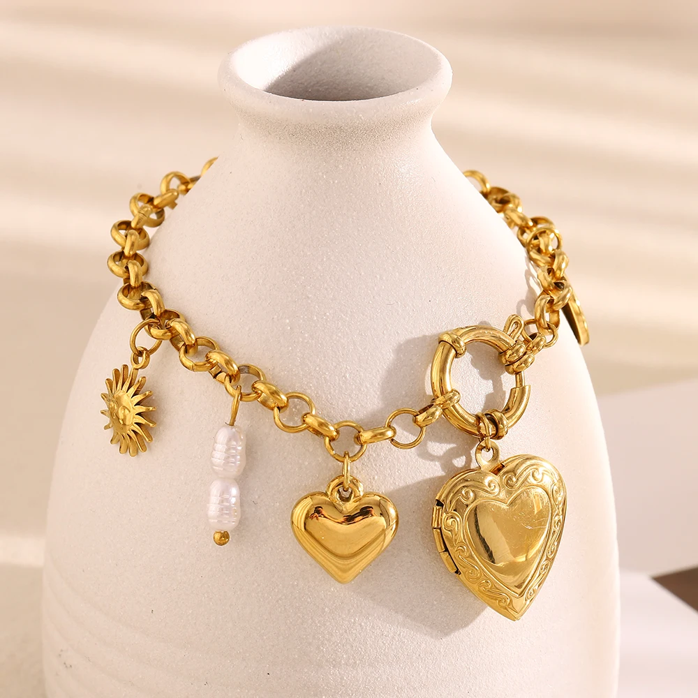 E.B.belle Unique Round Spring Buckle Sun Heart Photo Box Pendant Bracelet PVD Plated Stainless Steel Fashion Women Chic Jewelry