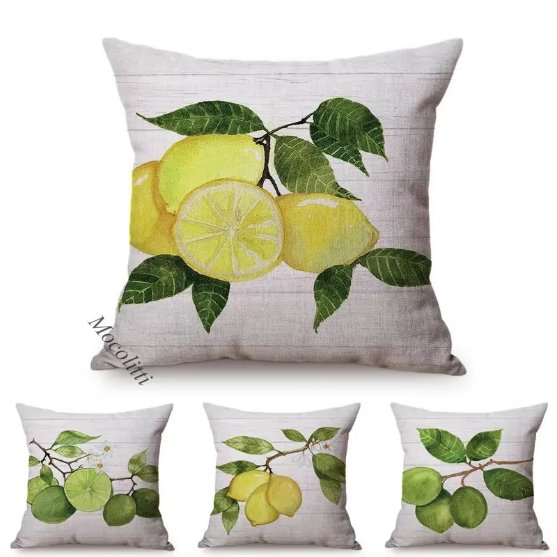 Green Lemons Fruit Pattern Cushion Cover Sofa Pillowcase Citrus Farm Water Color Art Decoration Square Throw Pillow Case cojines