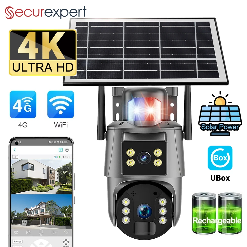 

Securexpert 8MP 24/7 Video Recording AOV 4G Solar Camera Dual Screens WIFI Outdoor Security Cameras Human Detection PTZ CCTV Cam