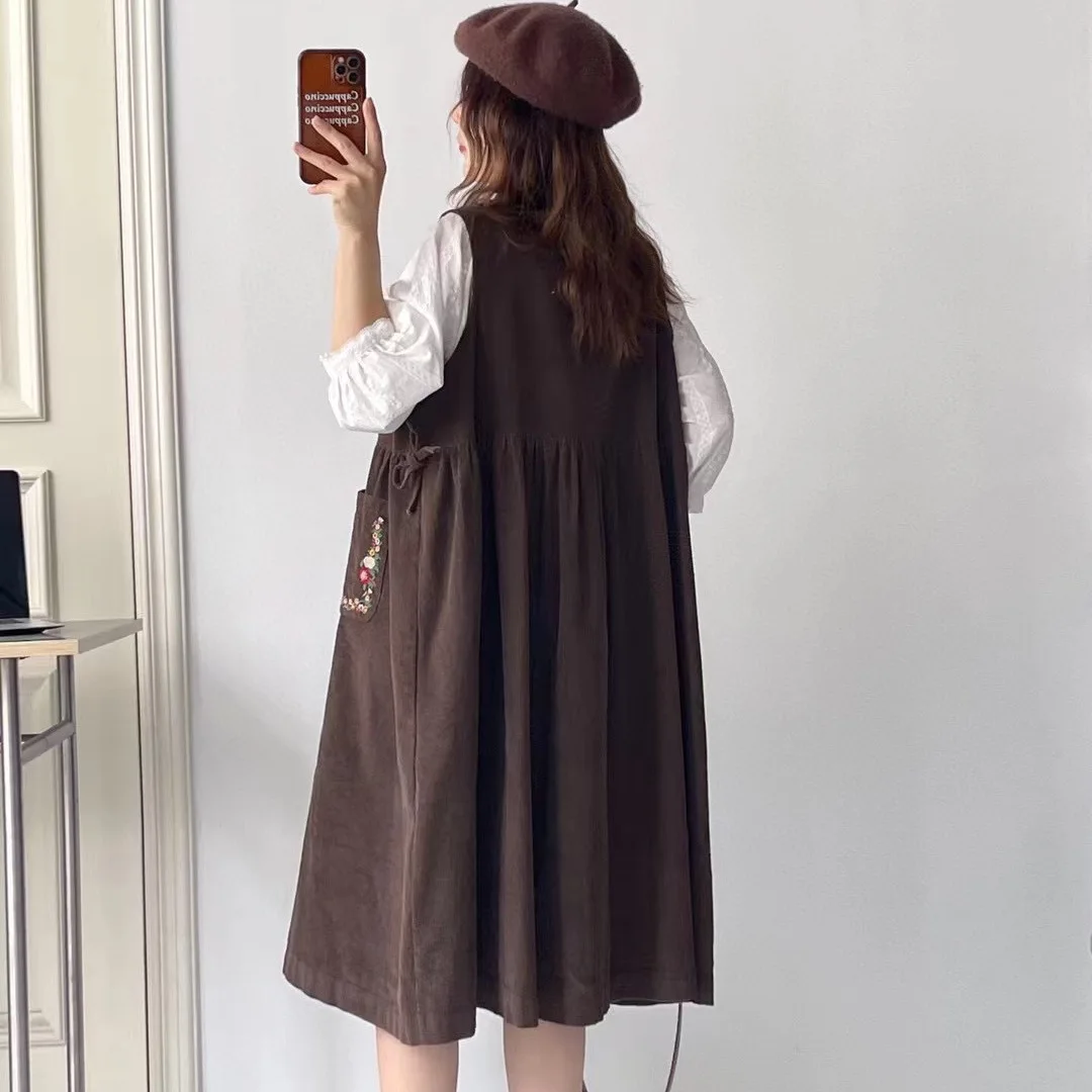 Robe japonaise Mori Girl Vintage brodée florale, gilet en velours côtelé, bretelles, col rond, sans manches, simple boutonnage, débardeur, automne