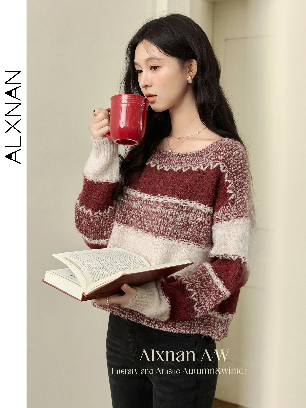 ALXNAN 여성용 스트라이프 스웨터 라운드 칼라 따뜻한 루즈핏 긴팔 풀오버 2025 가을 겨울 캐주얼 니트 탑 L50927