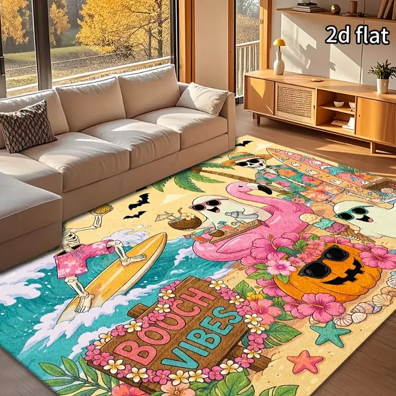 VIKAMA Halloween Area Rug Sunglasses Ghost Pink Flamingo Skull Pumpkin Tropical Beach Coconut Tree Surfboard Non Slip Home Decor