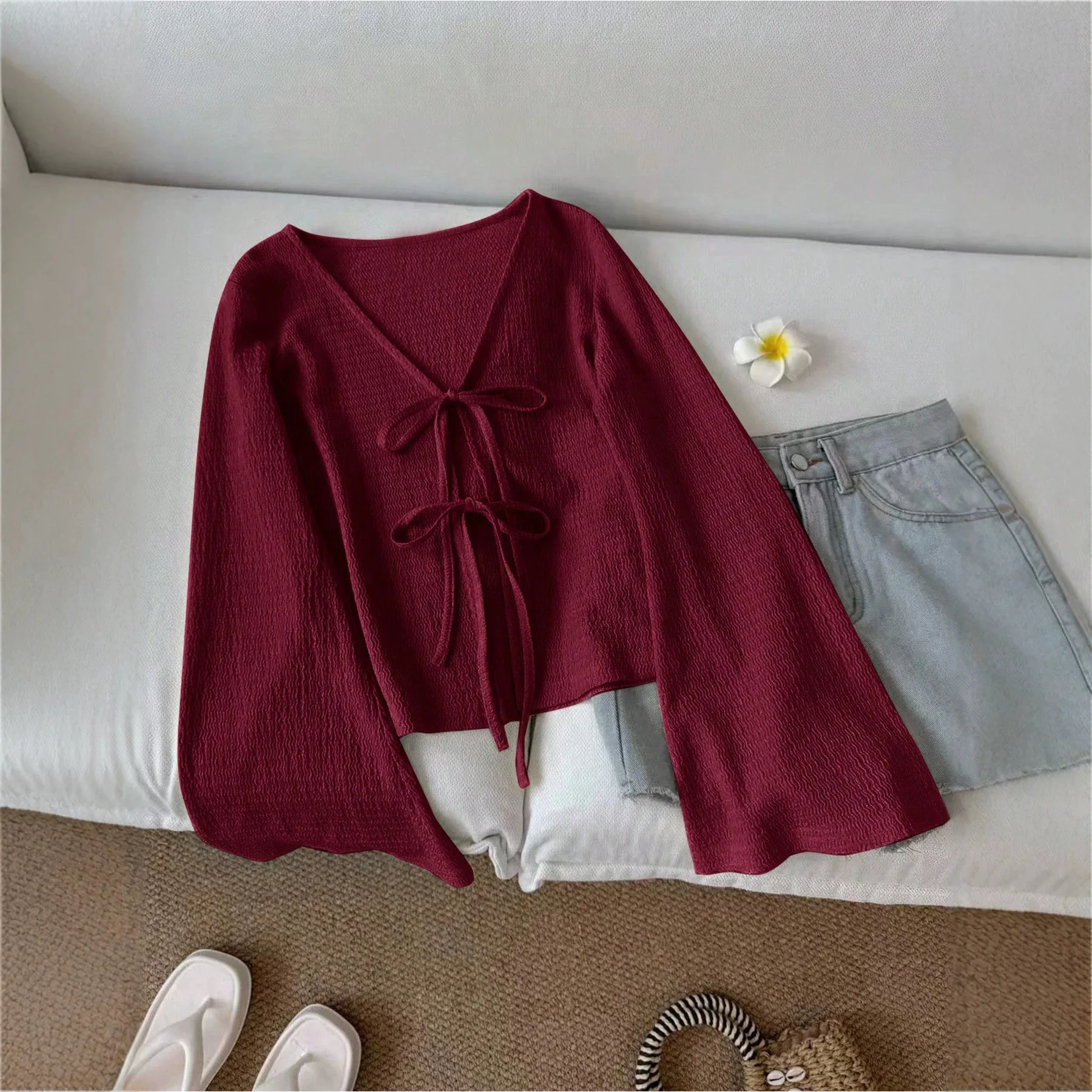 European American Women Loose V Neck Flare Sleeve Lazy Style Thin Cardigan Coat