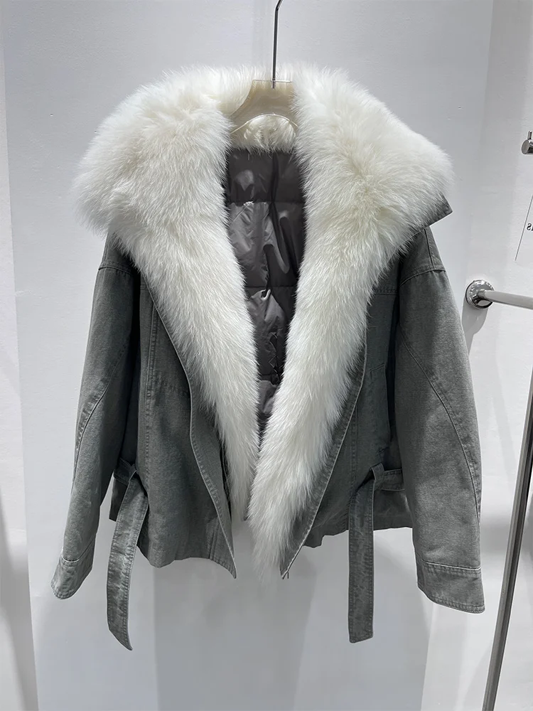 새로운 럭셔리 겨울용 여성 구스 다운 재킷 리얼 폭스 퍼 칼라 두꺼운 파카 푸퍼 재킷 아우터 여성 데님 코트