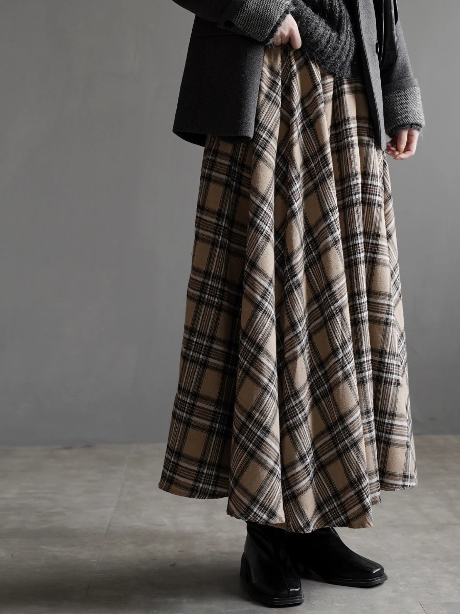 

Warmo Vintage Plaid Women's Midi Skirt Loose Fit Slimming Large Hemline Casual High Waist Cotton Gauze Skirts for Autumn Winter