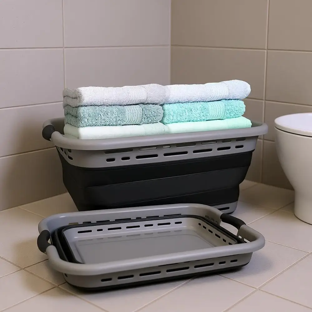 

24 Collapsible Laundry Basket, Non-Slip Grip Handles, Minimalist Space Saving Design, Portable Hamper, Grey