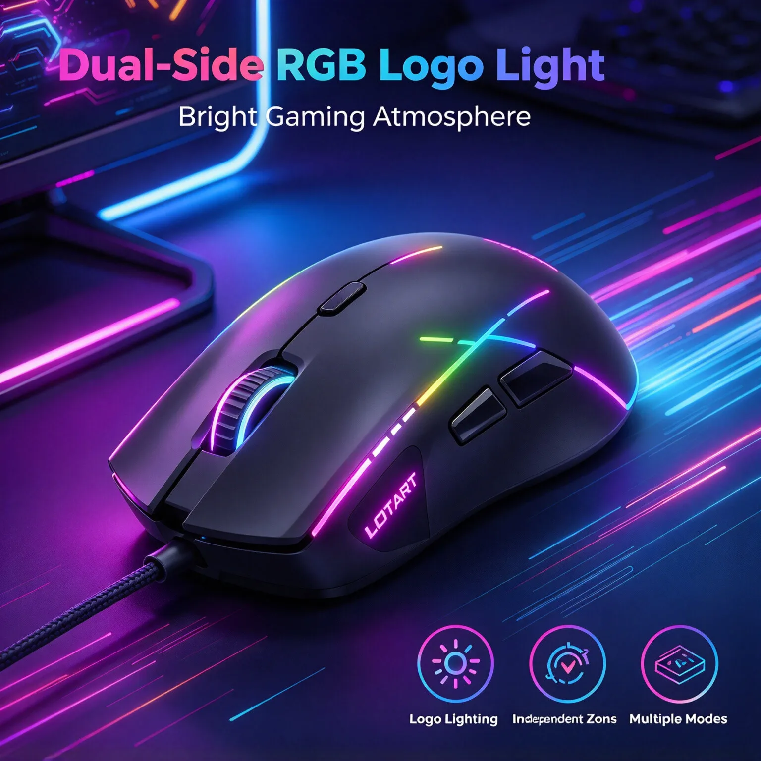 Wired Gaming Mouse 12800DPI Instant A825 Chip 8 Programmable Buttons RGB 1000Hz USB Ergonomic Computer Mice for PC Laptop Gamer