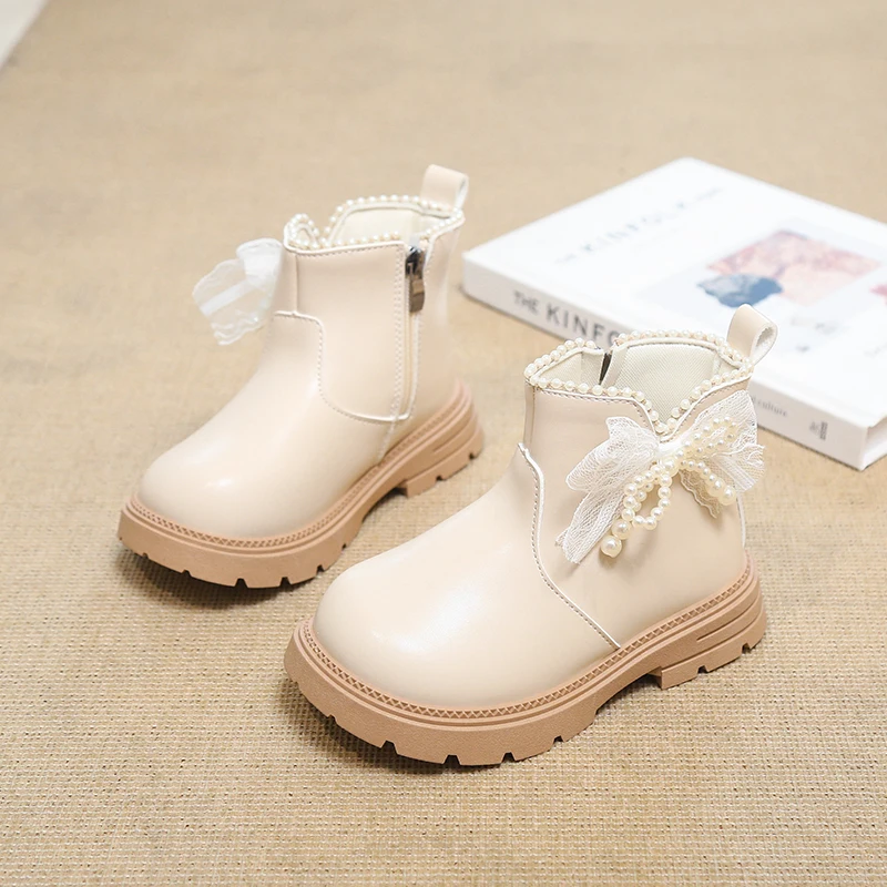 Girls Princess Boots Sweet Beading Bows Kids Leather Boots Soft Bottom 2026 Autumn New Children Casual Boots Non-slip