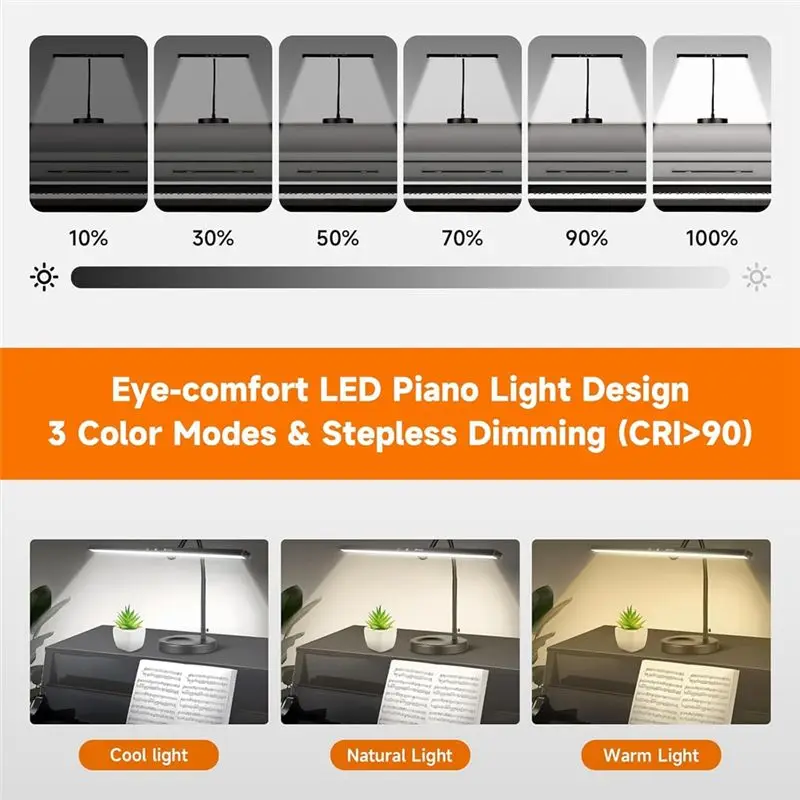 YANA50I 3 Color Modes LED Piano Lamp With Dimmable Light, Flexible Gooseneck, 2-In-1 Clamp For Stability, US Plug