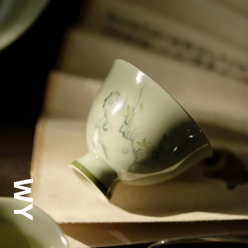 

WunTang Hand-Painted Cerc Tea Cup Set Qing Glaze High-Legged Orchid Design Gongfu Tea Set Vintage Chinese Sle