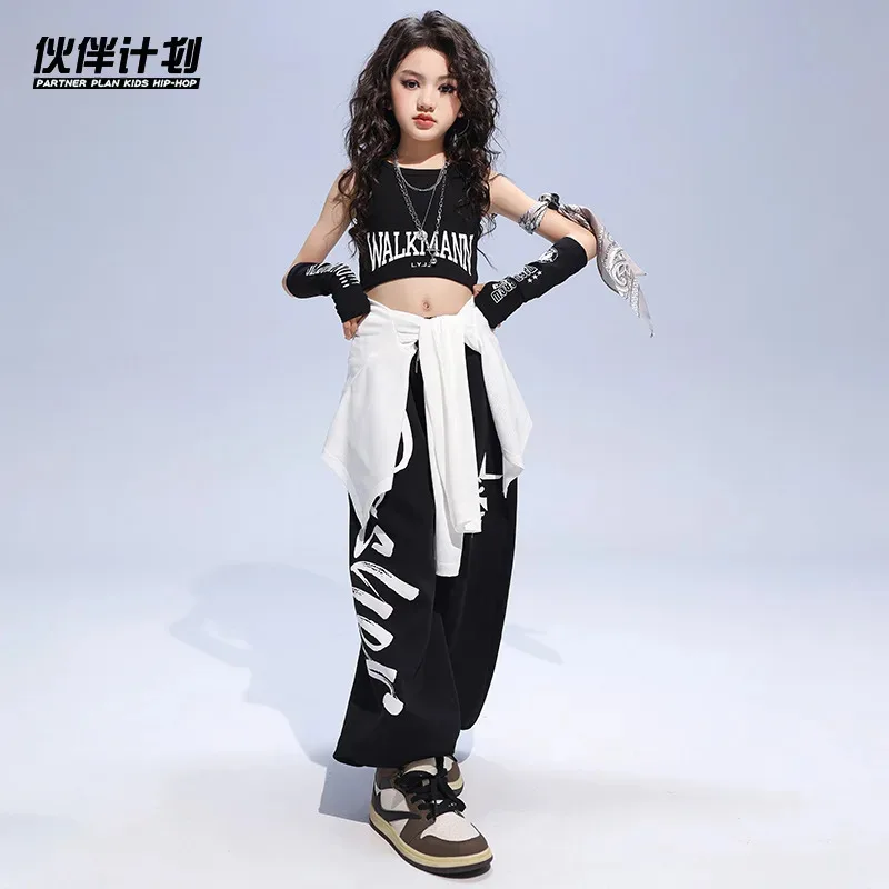 طفل الهيب هوب الملابس البيضاء واحد الكتف المحاصيل الأعلى تي شيرت أسود تانك عارضة عرق عداء ببطء السراويل للفتيات أزياء رقص الملابس