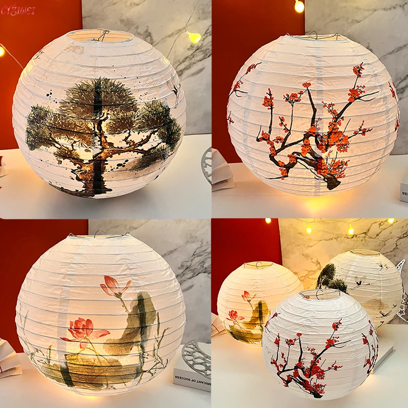 Pine/lotus/Plum Blossom Round Paper Lantern Lamp Shade Japanese Chinese Oriental Style Light Restaurant Wedding Home Decor Gifts