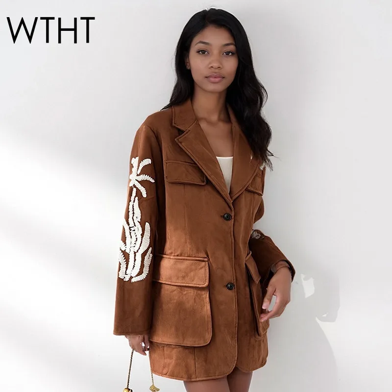 

WTHT Trendy New Women's Heavy Embroidery Long Sleeves Fake Suede Jacket 2025 Autumn Lapel Long Sleeves Loose Coat Female 1LS2649