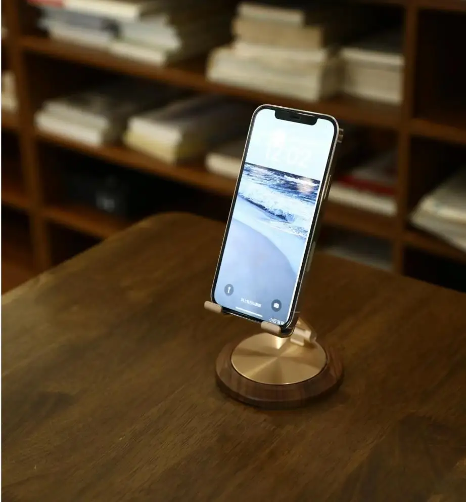 Mobile phone stand 360 degree rotation Mobile phone stand desktop universal plate stand Aluminum alloy + walnut