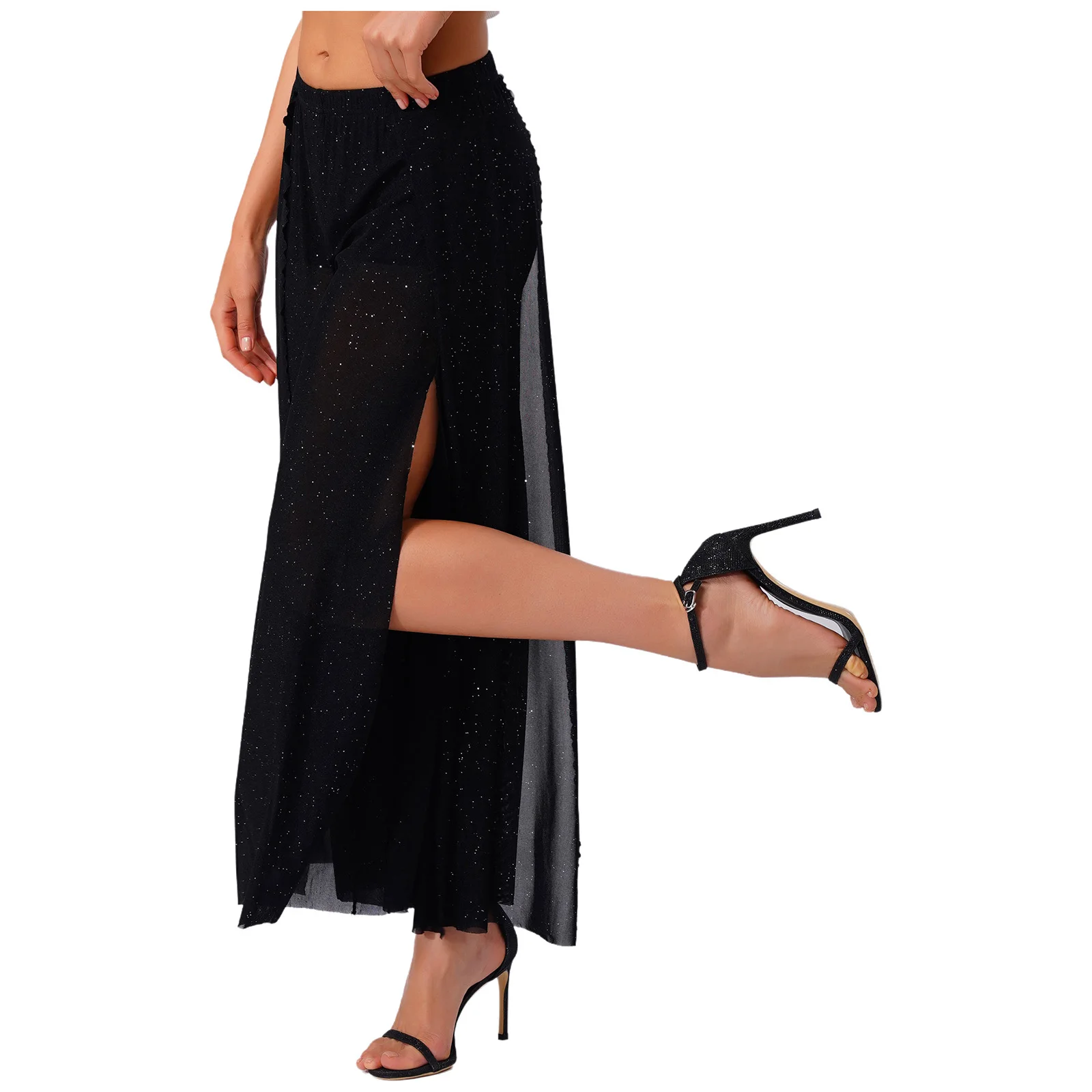 

Black Womens Belly Dance Pants Square Dance Performance Dancewear Shimmering Mesh Wide Leg Pants Built-in Shorts Mesh Long Pants