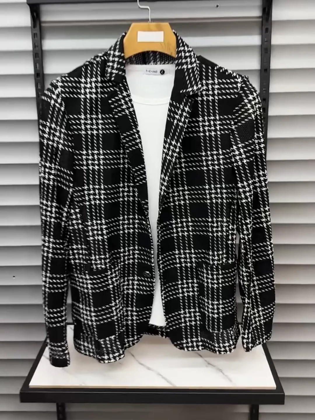 

Men's Comfortable Hollow out Plaid Suit Jaet New Summer Faion Busin Casual High Quali Stand Fit Long Sve irt