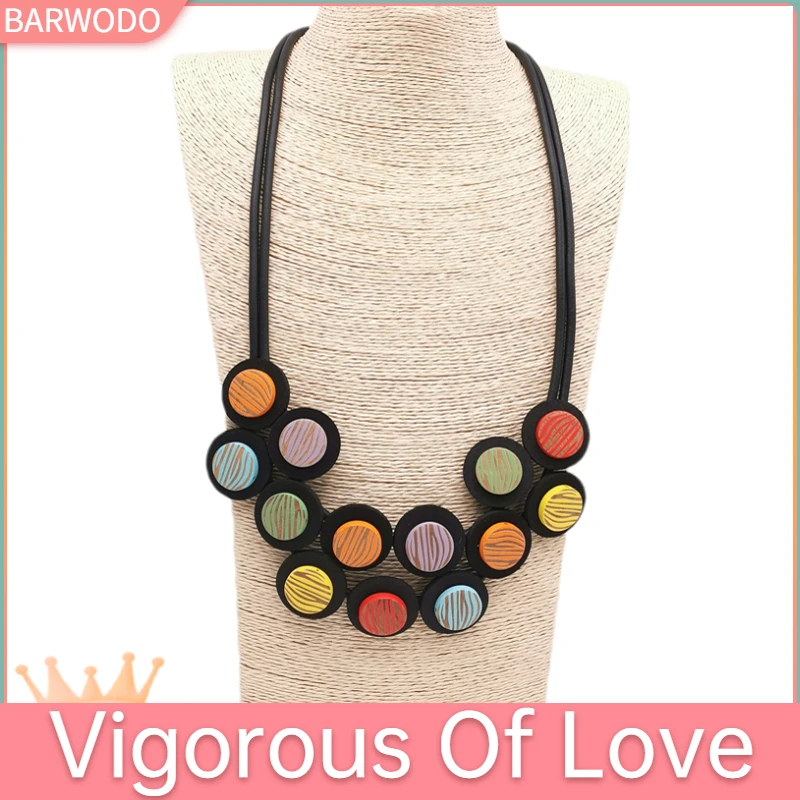 BARWODO New Multi-Color Wooden Necklace Gothic Accessories For Women Rubber Round Pendant Choker Luxury Jewelry Boho Necklace