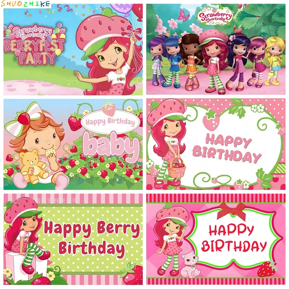 الكرتون الوردي لطيف الفراولة فتاة موضوع خلفيات للتصوير الفوتوغرافي حفلة عيد ميلاد الطفل دش الهدايا صور استوديو خلفية AY-01