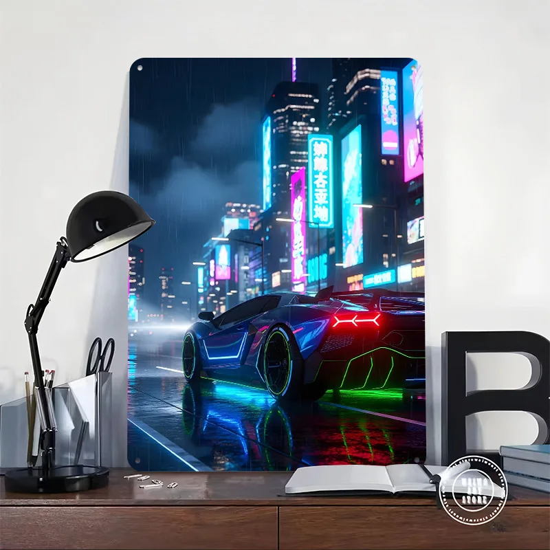 Cyberpunk in Rainy Cityscape Car Metal Poster Custom Wall Art Retro Vintage Tinplate Signs for Man Cave Home Decor Items Room