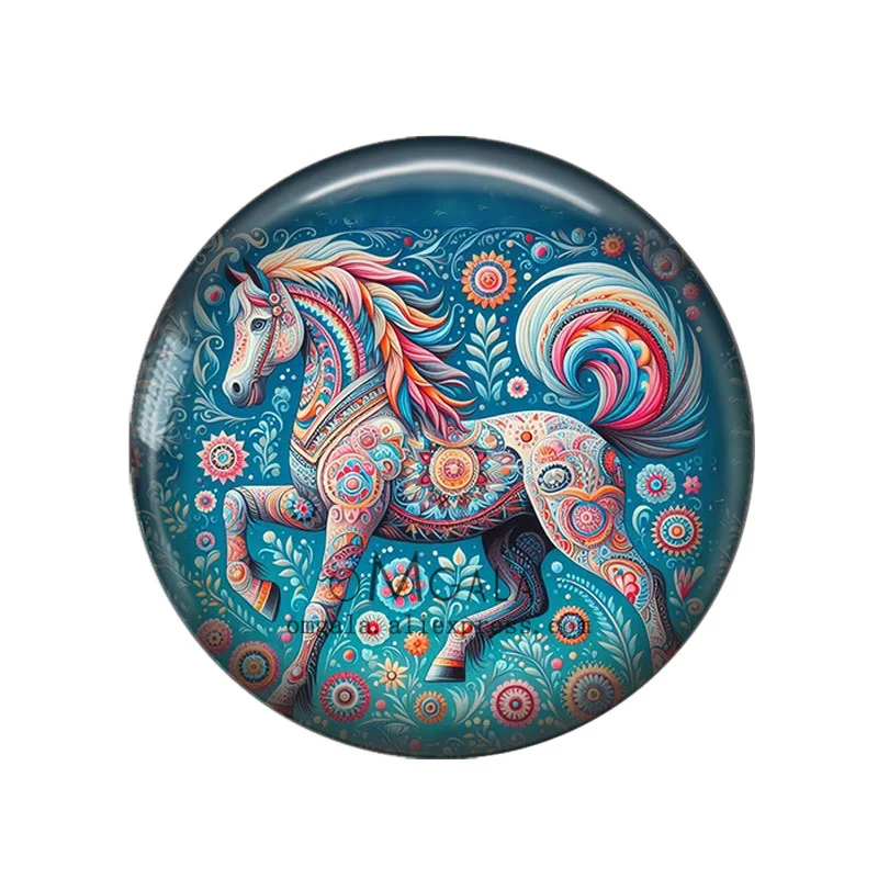 Folk Art Flowers with Horse Pattern 12mm/18mm/20mm/25mm Round Photo glass cabochon demo flat back Making findings