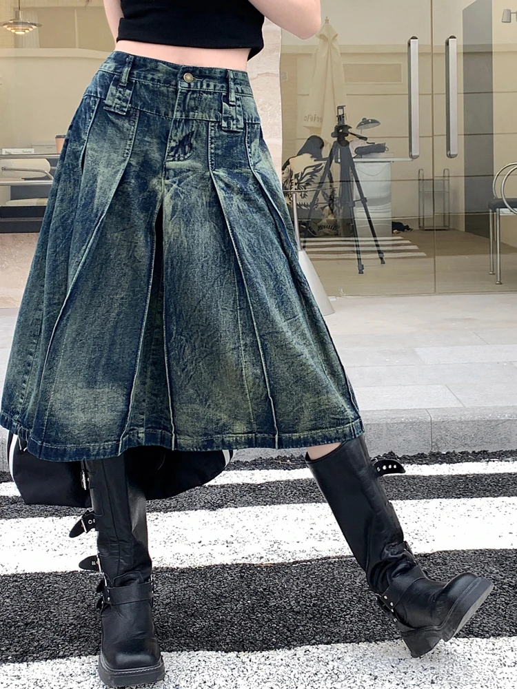 Rok Denim Y2K wanita, bawahan Denim 2000s Harajuku Fashion Y2K, jalanan tinggi, longgar, panjang selutut, Midi, rok jeans lipit A-line