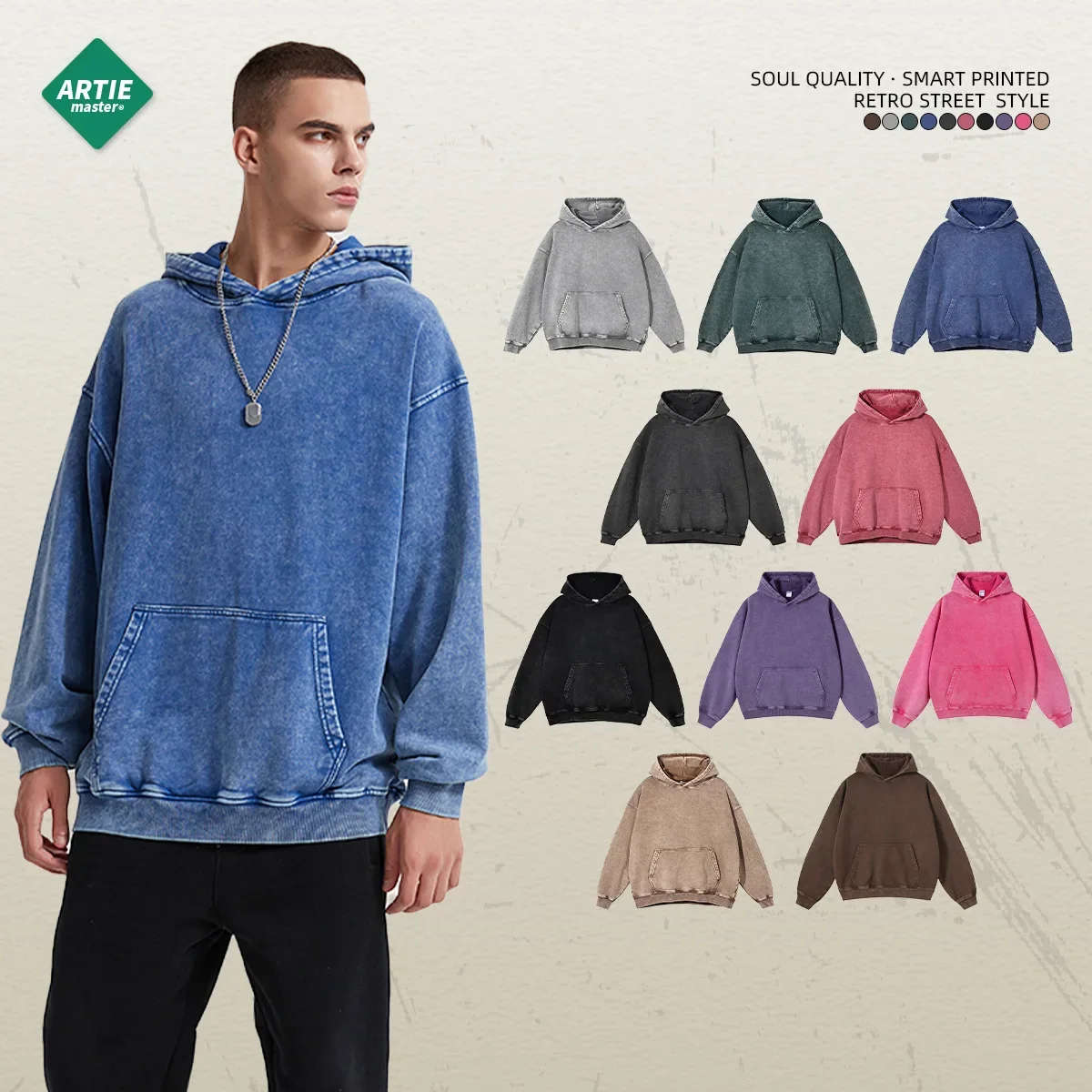 Men's heavy 420G retro batik old hooded sweater loose washing water men's trendy brand new sweater