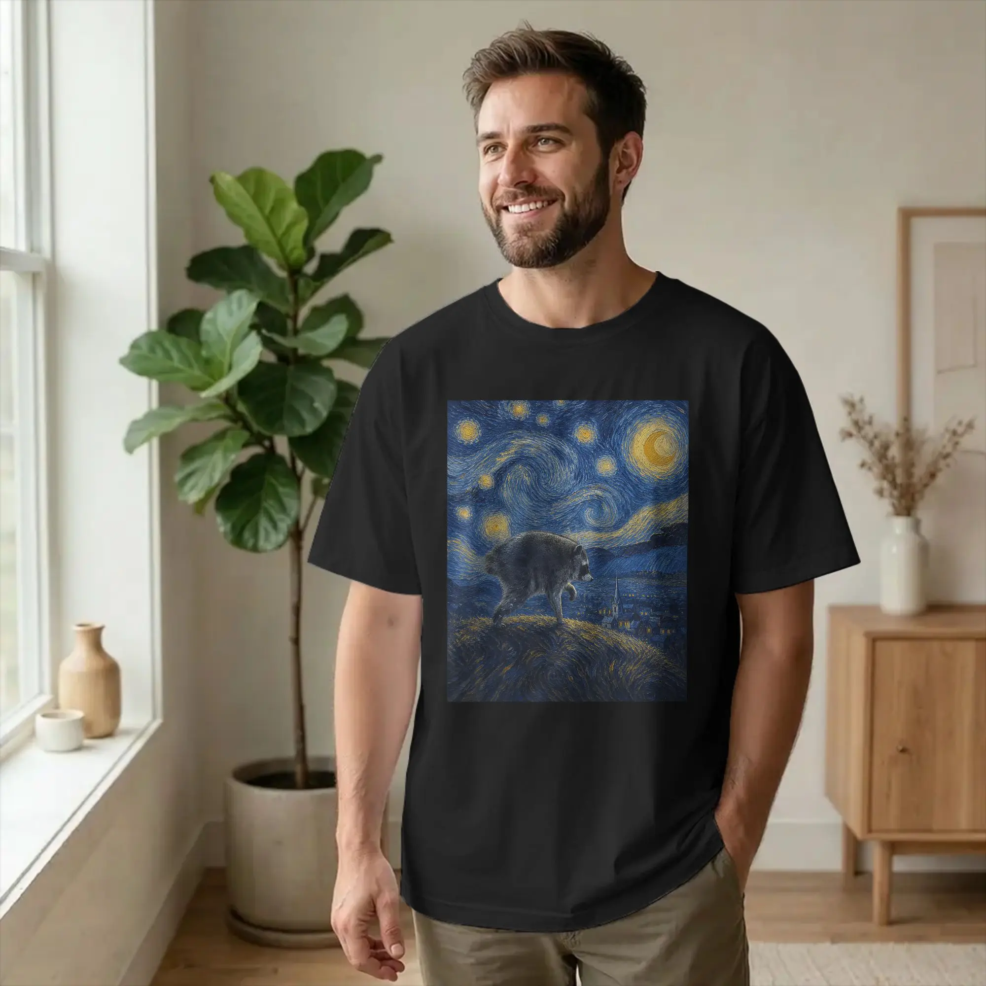 Jimothy Raccoon Starry Night Van Gogh Art T-Shirts Men Seattle Meme Cool Pure Cotton Tee Shirt Round Neck T Shirts Printed Tops