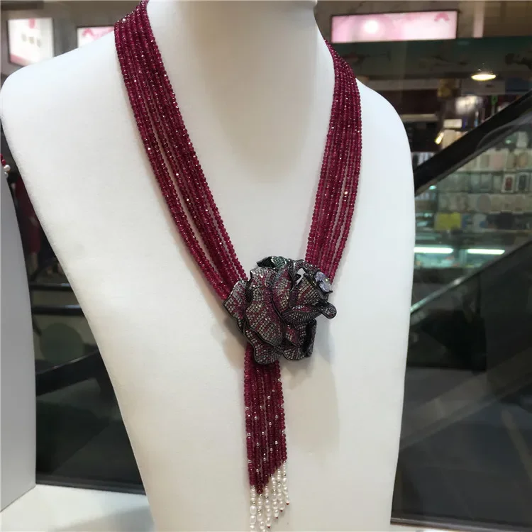 6 Rows Natural Purple jage Rose Flower Clasp DIY Women Short Multi - Layer Necklace
