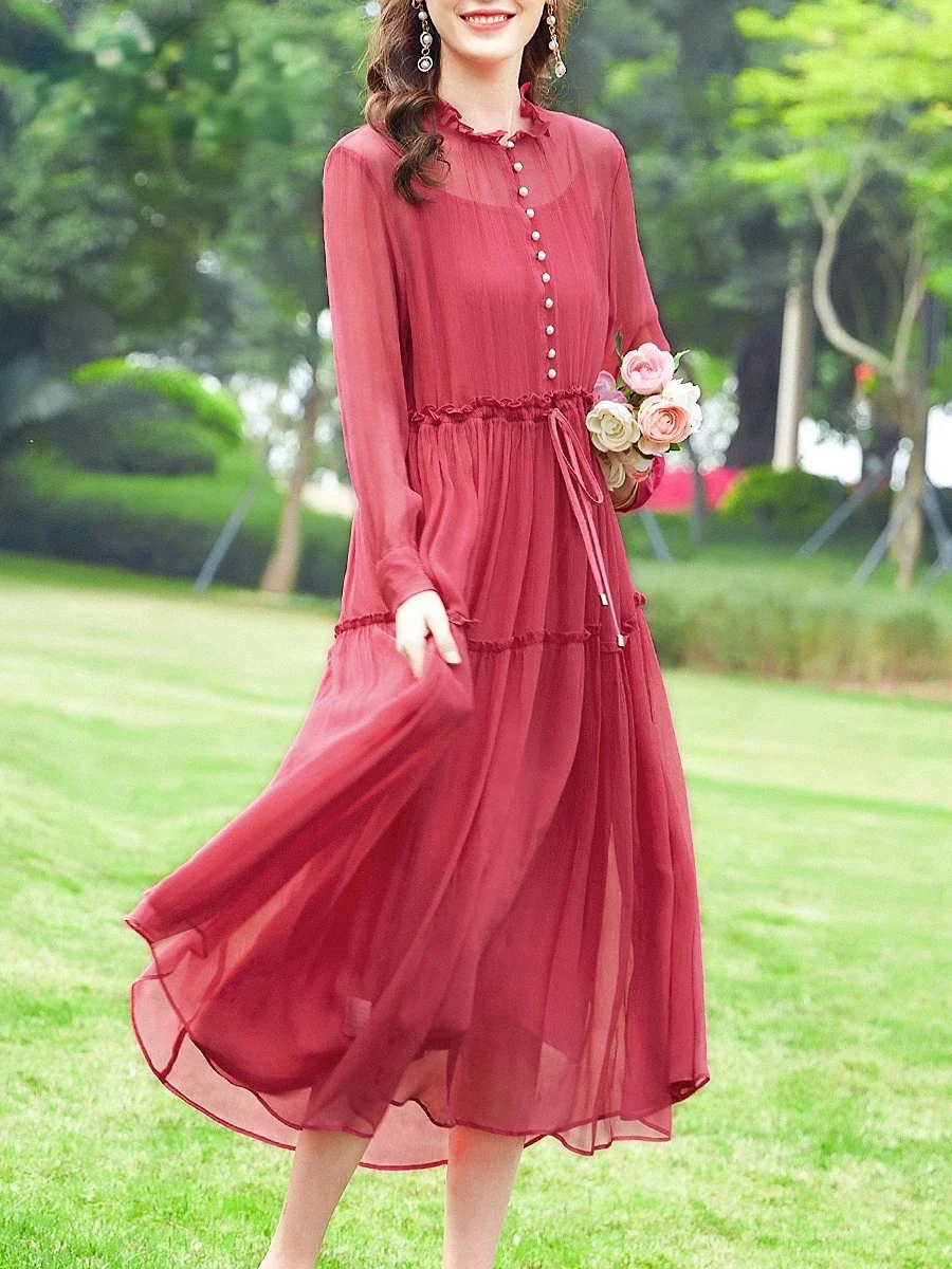 High-end Dresses For Women Clothes Spring 100% Silk Dress Long Sleeve Elegant Midi Dresses Womens Two Pieces Suit Vestido Mujer